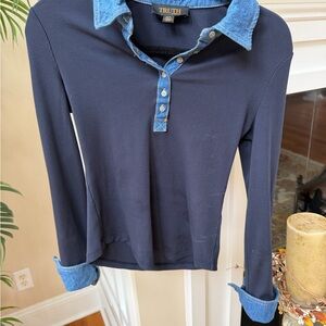 Truth Navy Long Sleeve Ribbed Polo with Denim Trim